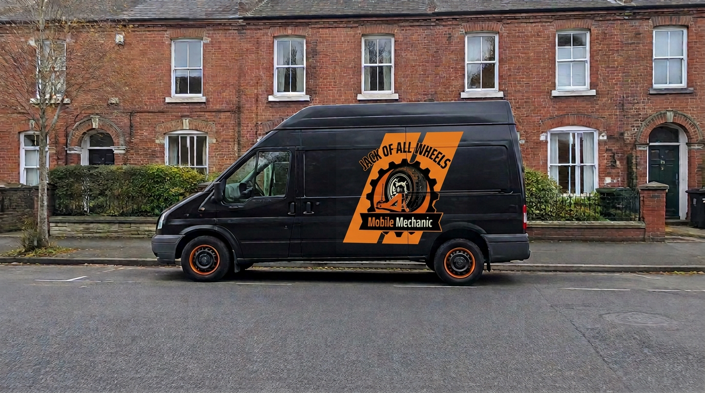 Black 2008 Ford Transit high roof van side view with the Jack of All Wheels Mobile Mechanic logo, parked on a Dublin street
